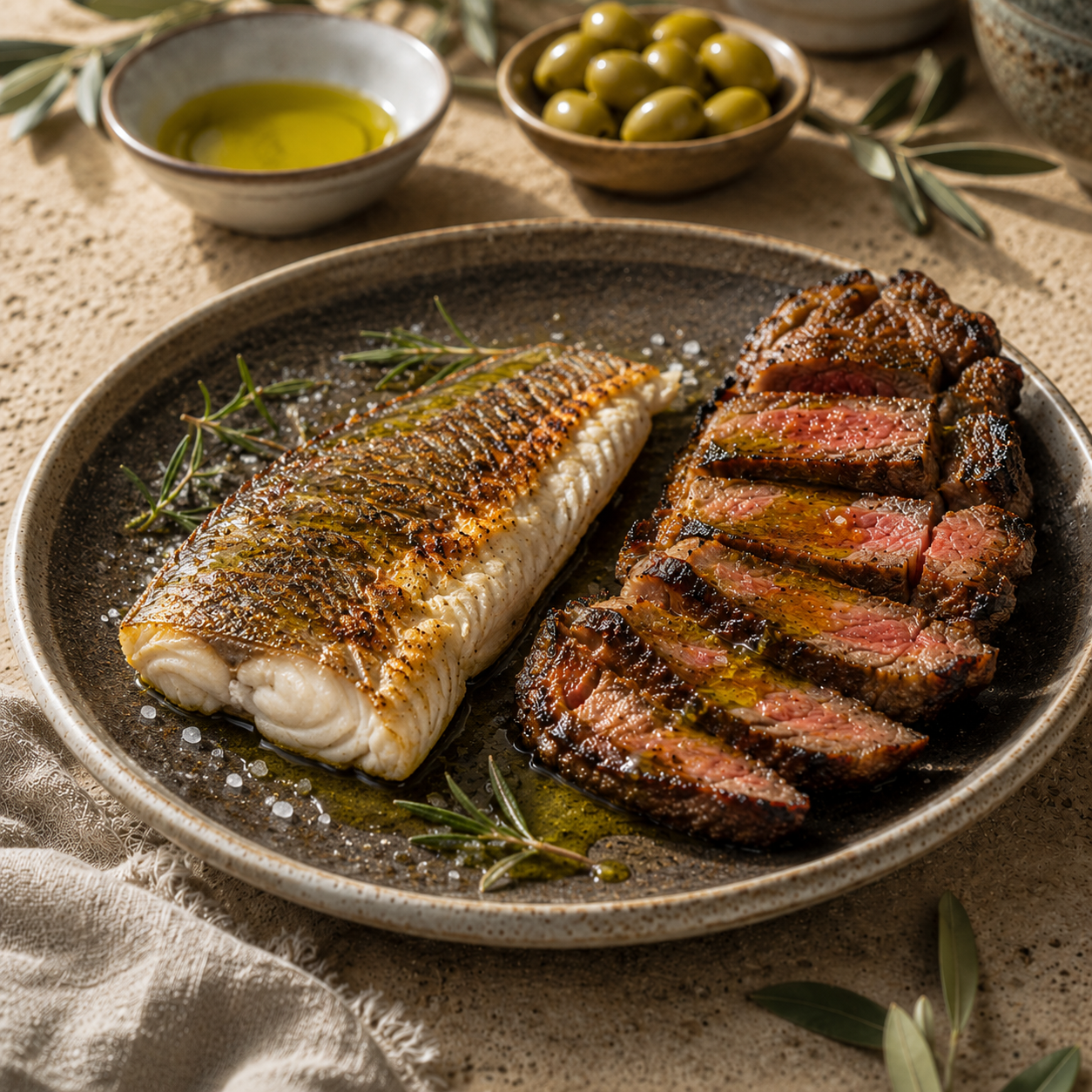 Pescado a la brasa con un hilo de aceite de oliva virgen extra AURO