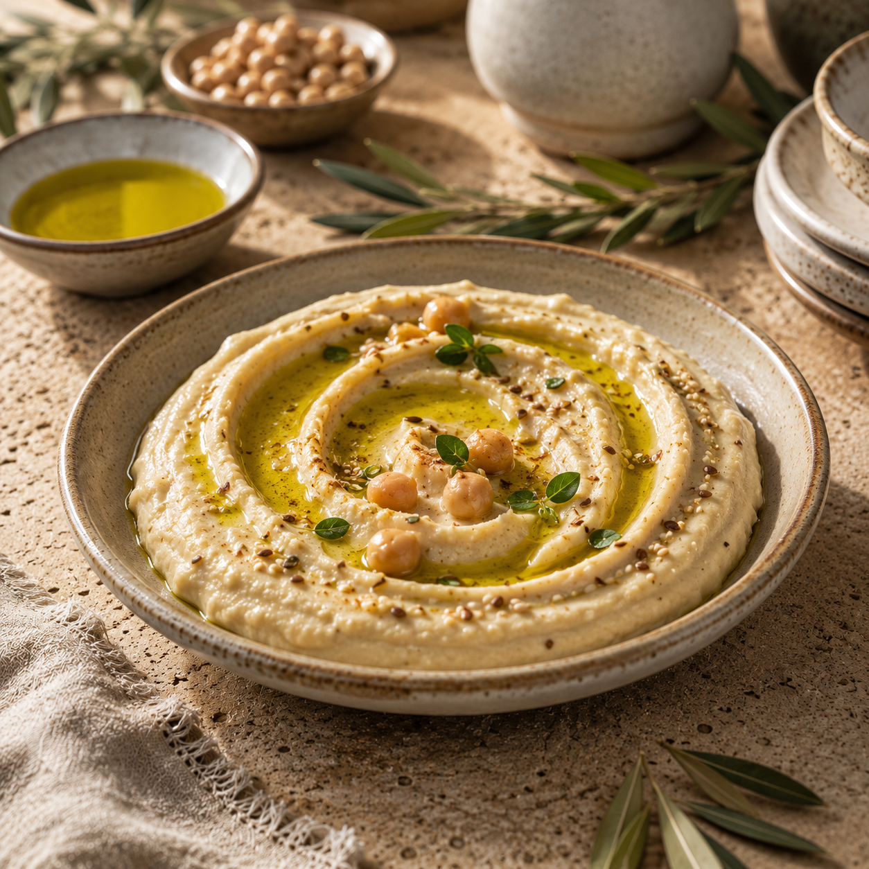 Crema o hummus coronado con aceite de oliva virgen extra AURO