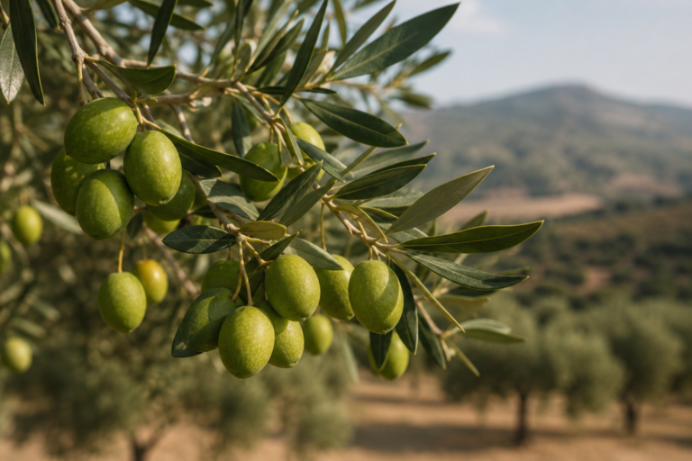 Grüne Picual-Oliven am Zweig kurz vor der frühen Ernte, dahinter der Olivenhain in der Sierra Mágina