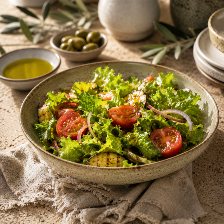 Salat mit Tomaten, roten Zwiebeln und nativem Olivenöl extra, daneben Schälchen mit Öl und grünen Oliven