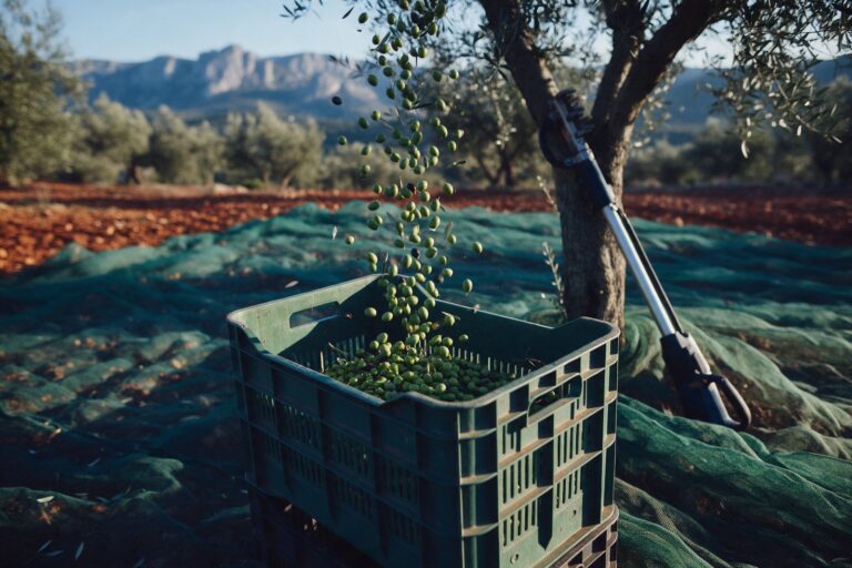 Freshly picked Picual olives falling into a crate during the harvest in Sierra Magina