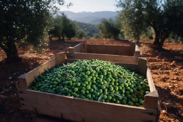 Caja de aceitunas Picual verdes de cosecha temprana en un olivar de Sierra Mágina