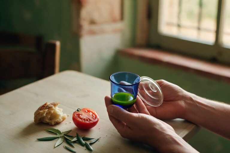 Cata de aceite Picual en copa azul de catador, con pan y tomate sobre una mesa de madera