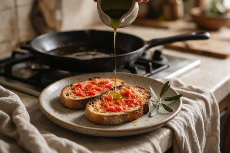 Chorro de aceite de oliva virgen extra sobre tostadas de pan con tomate, junto a una sartén de hierro