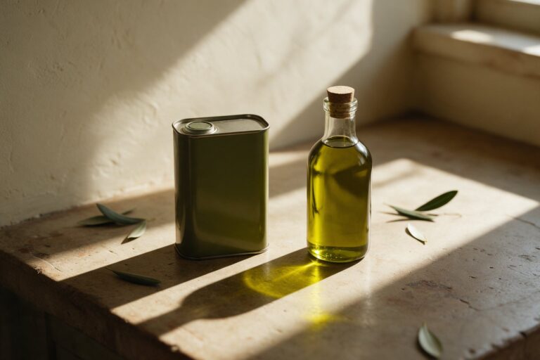 Lata opaca y botella de vidrio con aceite de oliva bajo la luz del sol sobre una encimera
