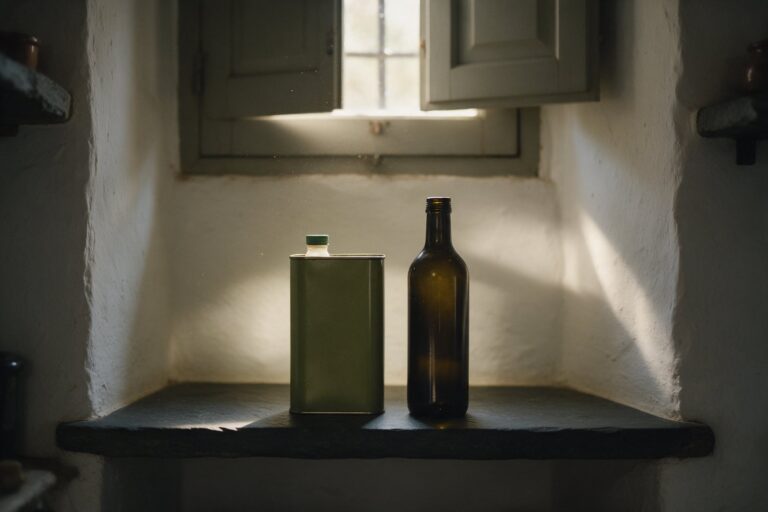 Olive oil in a tin and a dark glass bottle, stored cool and away from light